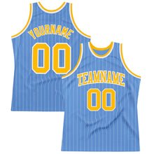 Laden Sie das Bild in den Galerie-Viewer, Custom Light Blue White Pinstripe Gold Authentic Basketball Jersey
