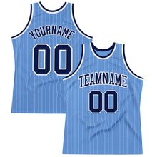 Laden Sie das Bild in den Galerie-Viewer, Custom Light Blue White Pinstripe Navy Authentic Basketball Jersey

