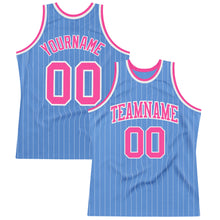 Laden Sie das Bild in den Galerie-Viewer, Custom Light Blue White Pinstripe Pink Authentic Basketball Jersey
