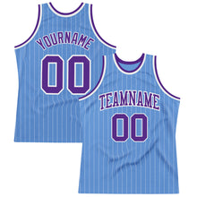 Load image into Gallery viewer, Custom Light Blue White Pinstripe Purple Authentic Basketball Jersey
