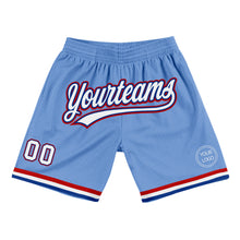 Laden Sie das Bild in den Galerie-Viewer, Custom Light Blue White Royal-Red Authentic Throwback Basketball Shorts
