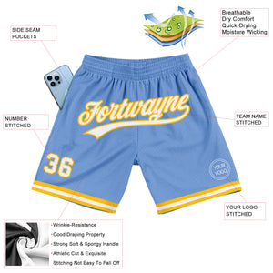 Custom Light Blue White-Gold Authentic Throwback Basketball Shorts