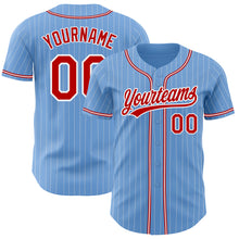 Load image into Gallery viewer, Custom Light Blue White Pinstripe Red Authentic Baseball Jersey
