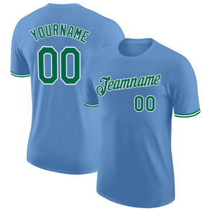 Custom Light Blue Kelly Green-White Performance T-Shirt