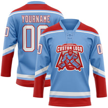 Load image into Gallery viewer, Custom Light Blue White-Red Hockey Lace Neck Jersey
