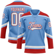 Load image into Gallery viewer, Custom Light Blue White-Red Hockey Lace Neck Jersey
