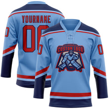 Load image into Gallery viewer, Custom Light Blue Red-Navy Hockey Lace Neck Jersey
