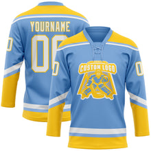 Laden Sie das Bild in den Galerie-Viewer, Custom Light Blue White-Yellow Hockey Lace Neck Jersey
