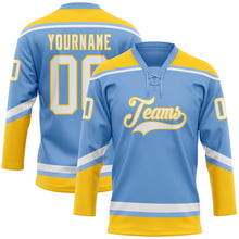 Laden Sie das Bild in den Galerie-Viewer, Custom Light Blue White-Yellow Hockey Lace Neck Jersey
