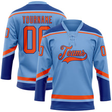 Laden Sie das Bild in den Galerie-Viewer, Custom Light Blue Orange-Royal Hockey Lace Neck Jersey
