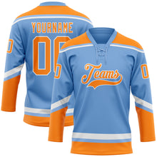 Laden Sie das Bild in den Galerie-Viewer, Custom Light Blue Bay Orange-White Hockey Lace Neck Jersey
