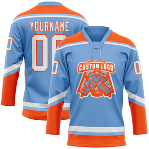 Custom Light Blue White-Orange Hockey Lace Neck Jersey