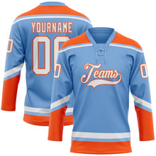 Laden Sie das Bild in den Galerie-Viewer, Custom Light Blue White-Orange Hockey Lace Neck Jersey
