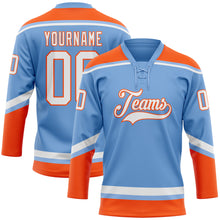 Load image into Gallery viewer, Custom Light Blue White-Orange Hockey Lace Neck Jersey
