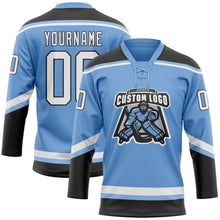 Load image into Gallery viewer, Custom Light Blue White-Black Hockey Lace Neck Jersey
