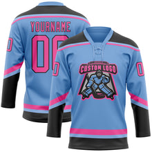 Laden Sie das Bild in den Galerie-Viewer, Custom Light Blue Pink-Black Hockey Lace Neck Jersey

