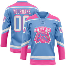 Laden Sie das Bild in den Galerie-Viewer, Custom Light Blue White-Pink Hockey Lace Neck Jersey
