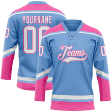 Laden Sie das Bild in den Galerie-Viewer, Custom Light Blue White-Pink Hockey Lace Neck Jersey
