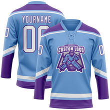 Laden Sie das Bild in den Galerie-Viewer, Custom Light Blue White-Purple Hockey Lace Neck Jersey
