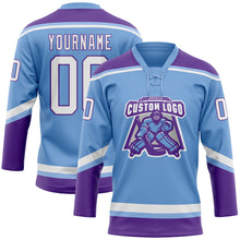 Load image into Gallery viewer, Custom Light Blue White-Purple Hockey Lace Neck Jersey
