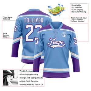 Custom Light Blue White-Purple Hockey Lace Neck Jersey