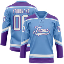 Laden Sie das Bild in den Galerie-Viewer, Custom Light Blue White-Purple Hockey Lace Neck Jersey

