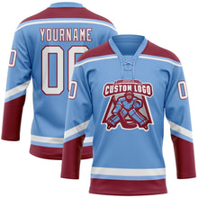 Load image into Gallery viewer, Custom Light Blue White-Crimson Hockey Lace Neck Jersey
