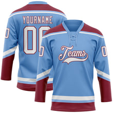 Laden Sie das Bild in den Galerie-Viewer, Custom Light Blue White-Crimson Hockey Lace Neck Jersey
