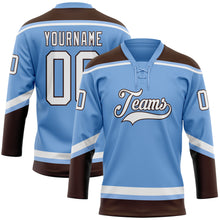 Load image into Gallery viewer, Custom Light Blue White-Brown Hockey Lace Neck Jersey
