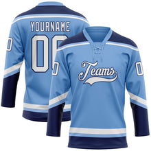 Load image into Gallery viewer, Custom Light Blue White-Navy Hockey Lace Neck Jersey
