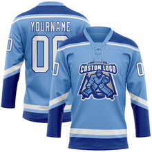 Load image into Gallery viewer, Custom Light Blue White-Royal Hockey Lace Neck Jersey
