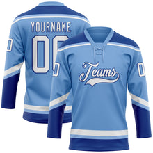 Laden Sie das Bild in den Galerie-Viewer, Custom Light Blue White-Royal Hockey Lace Neck Jersey
