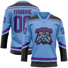 Laden Sie das Bild in den Galerie-Viewer, Custom Light Blue Purple-Black Hockey Lace Neck Jersey
