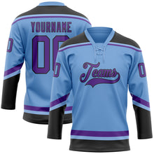 Load image into Gallery viewer, Custom Light Blue Purple-Black Hockey Lace Neck Jersey
