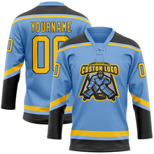 Load image into Gallery viewer, Custom Light Blue Yellow-Black Hockey Lace Neck Jersey
