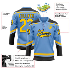 Custom Light Blue Yellow-Black Hockey Lace Neck Jersey