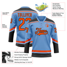 Load image into Gallery viewer, Custom Light Blue Orange-Black Hockey Lace Neck Jersey
