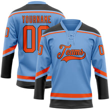 Laden Sie das Bild in den Galerie-Viewer, Custom Light Blue Orange-Black Hockey Lace Neck Jersey
