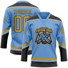 Laden Sie das Bild in den Galerie-Viewer, Custom Light Blue Old Gold-Black Hockey Lace Neck Jersey
