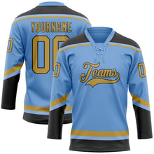 Laden Sie das Bild in den Galerie-Viewer, Custom Light Blue Old Gold-Black Hockey Lace Neck Jersey
