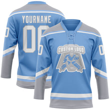 Laden Sie das Bild in den Galerie-Viewer, Custom Light Blue White-Gray Hockey Lace Neck Jersey
