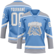Load image into Gallery viewer, Custom Light Blue White-Gray Hockey Lace Neck Jersey
