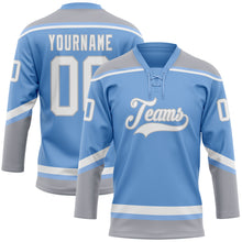 Laden Sie das Bild in den Galerie-Viewer, Custom Light Blue White-Gray Hockey Lace Neck Jersey
