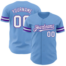 Laden Sie das Bild in den Galerie-Viewer, Custom Light Blue White-Purple Authentic Baseball Jersey
