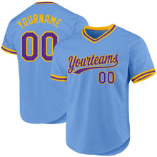 Load image into Gallery viewer, Custom Light Blue Purple-Gold Authentic Throwback Baseball Jersey
