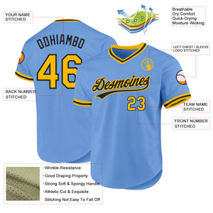 Custom Light Blue Gold-Black Authentic Throwback Baseball Jersey