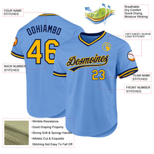 Custom Light Blue Gold-Navy Authentic Throwback Baseball Jersey