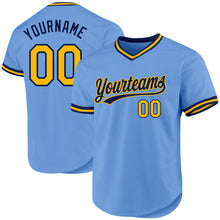 Load image into Gallery viewer, Custom Light Blue Gold-Navy Authentic Throwback Baseball Jersey
