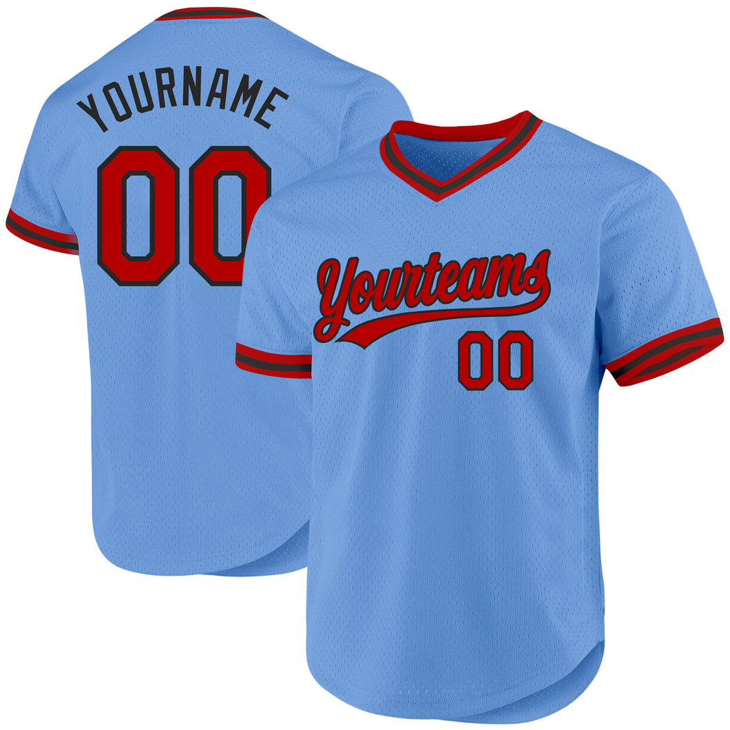 Custom Light Blue Red-Black Authentic Throwback Baseball Jersey