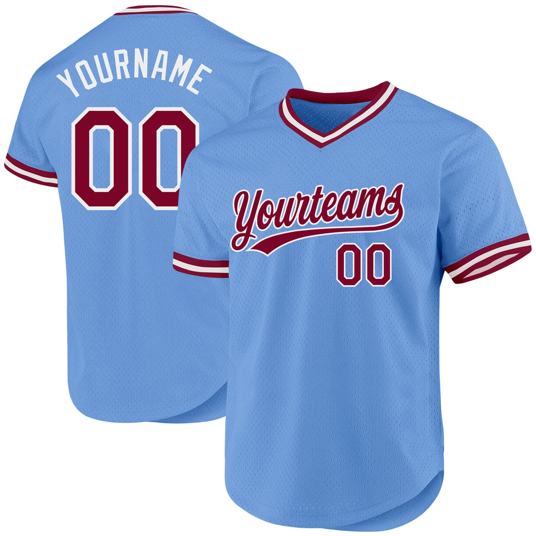 Custom Light Blue Maroon-White Authentic Throwback Baseball Jersey